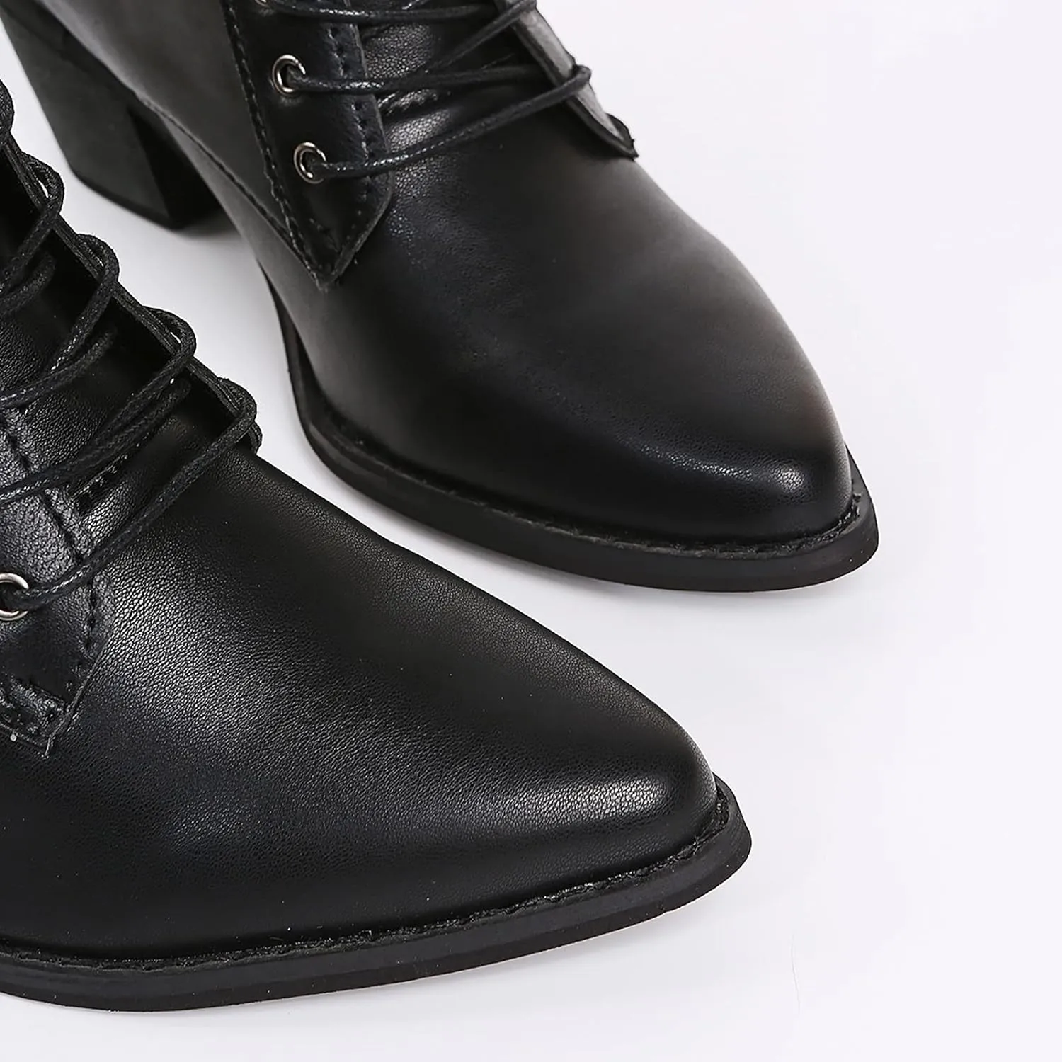 Black Chunky Boots for Women Fashion Pointed Toe Lace Up Solid Color Square Heel Ankle Boots Comfortable Casual Ladies Work Booties Shoes