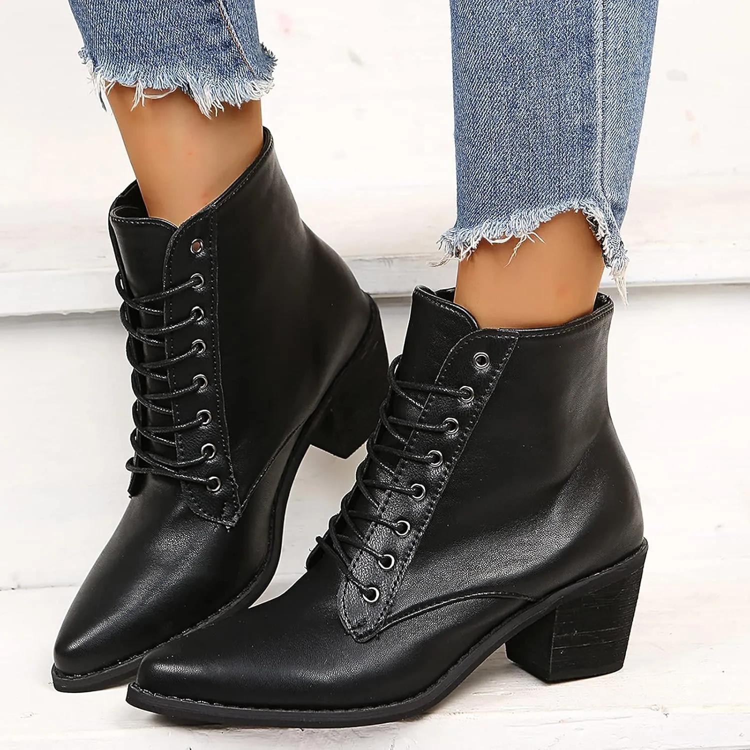 Black Chunky Boots for Women Fashion Pointed Toe Lace Up Solid Color Square Heel Ankle Boots Comfortable Casual Ladies Work Booties Shoes