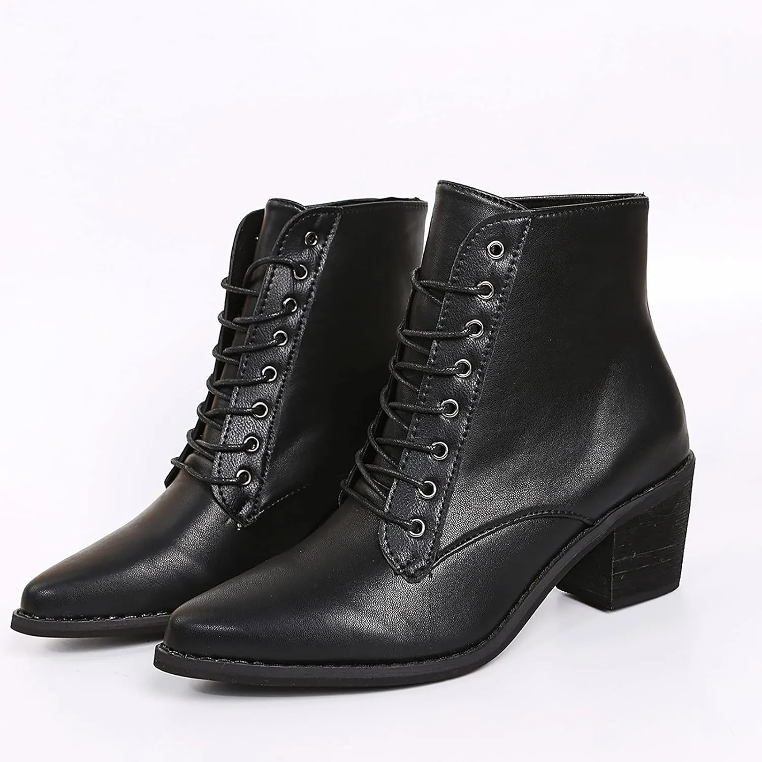 Black Chunky Boots for Women Fashion Pointed Toe Lace Up Solid Color Square Heel Ankle Boots Comfortable Casual Ladies Work Booties Shoes