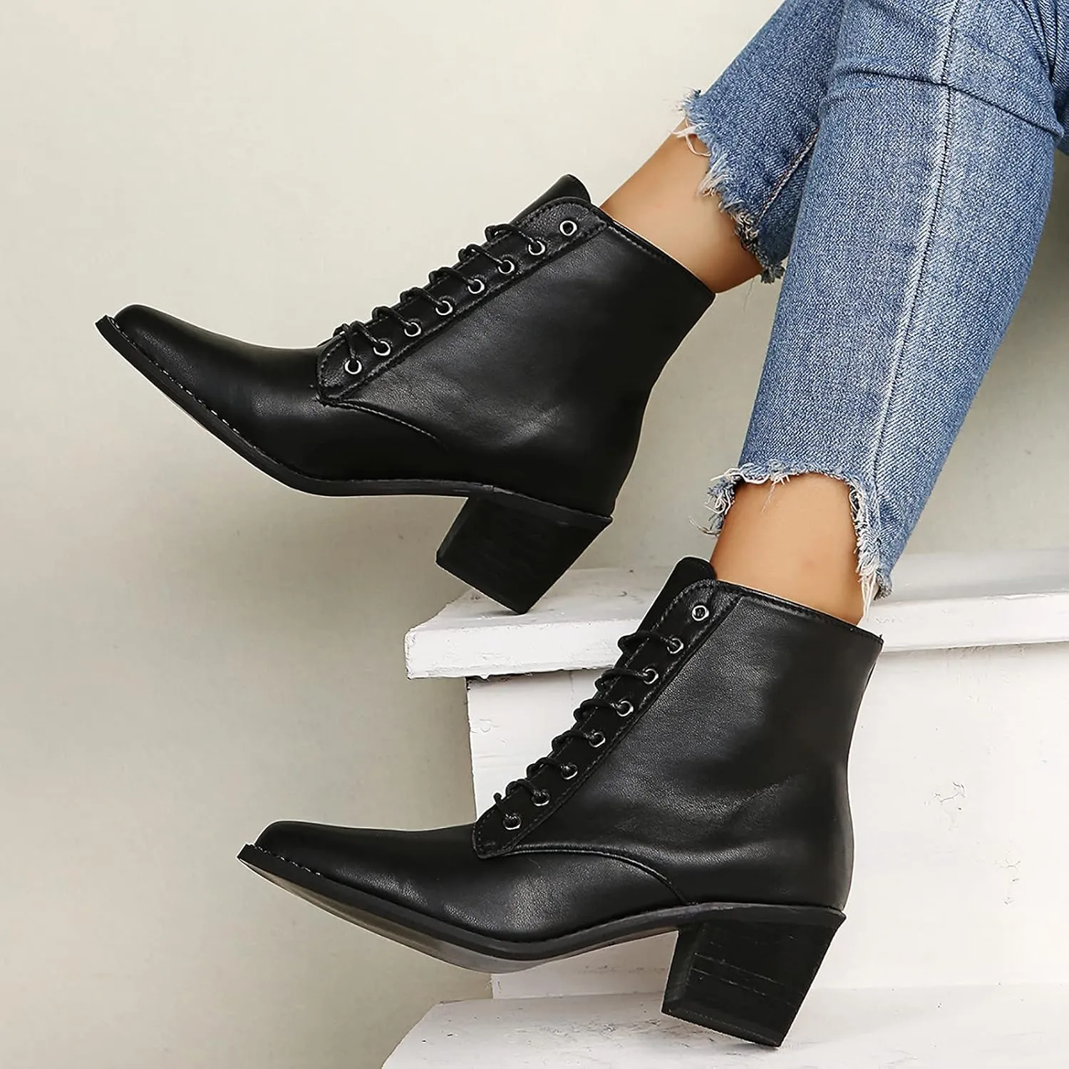 Black Chunky Boots for Women Fashion Pointed Toe Lace Up Solid Color Square Heel Ankle Boots Comfortable Casual Ladies Work Booties Shoes