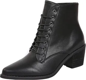 Black Chunky Boots for Women Fashion Pointed Toe Lace Up Solid Color Square Heel Ankle Boots Comfortable Casual Ladies Work Booties Shoes