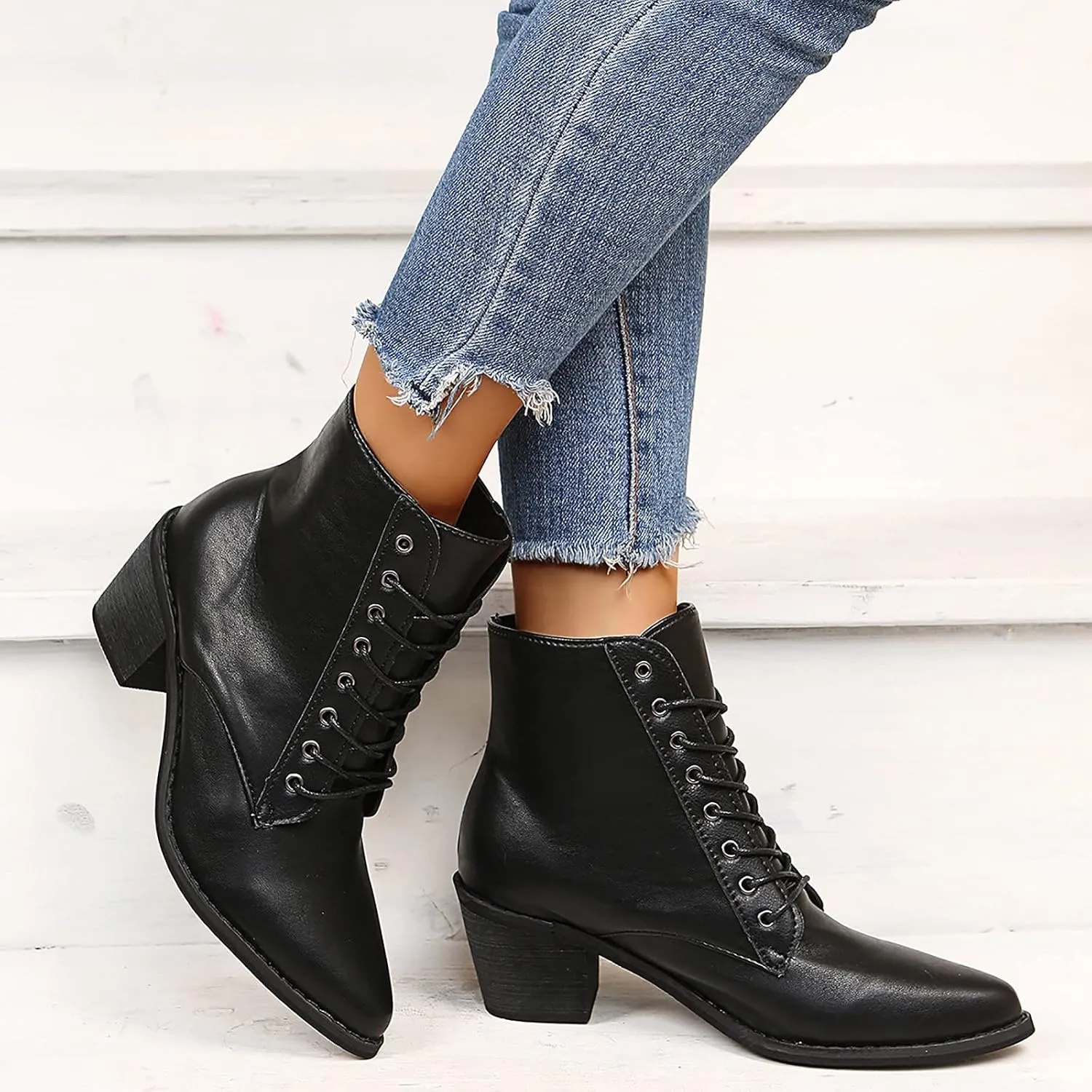 Black Chunky Boots for Women Fashion Pointed Toe Lace Up Solid Color Square Heel Ankle Boots Comfortable Casual Ladies Work Booties Shoes