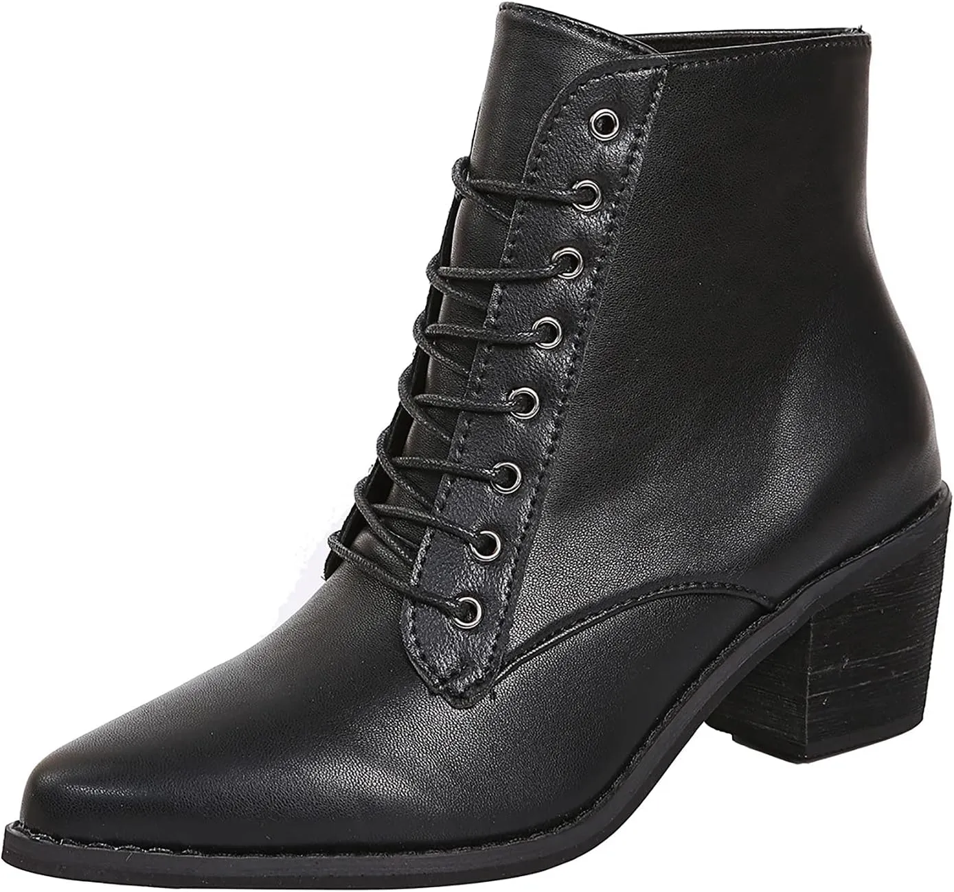 Black Chunky Boots for Women Fashion Pointed Toe Lace Up Solid Color Square Heel Ankle Boots Comfortable Casual Ladies Work Booties Shoes