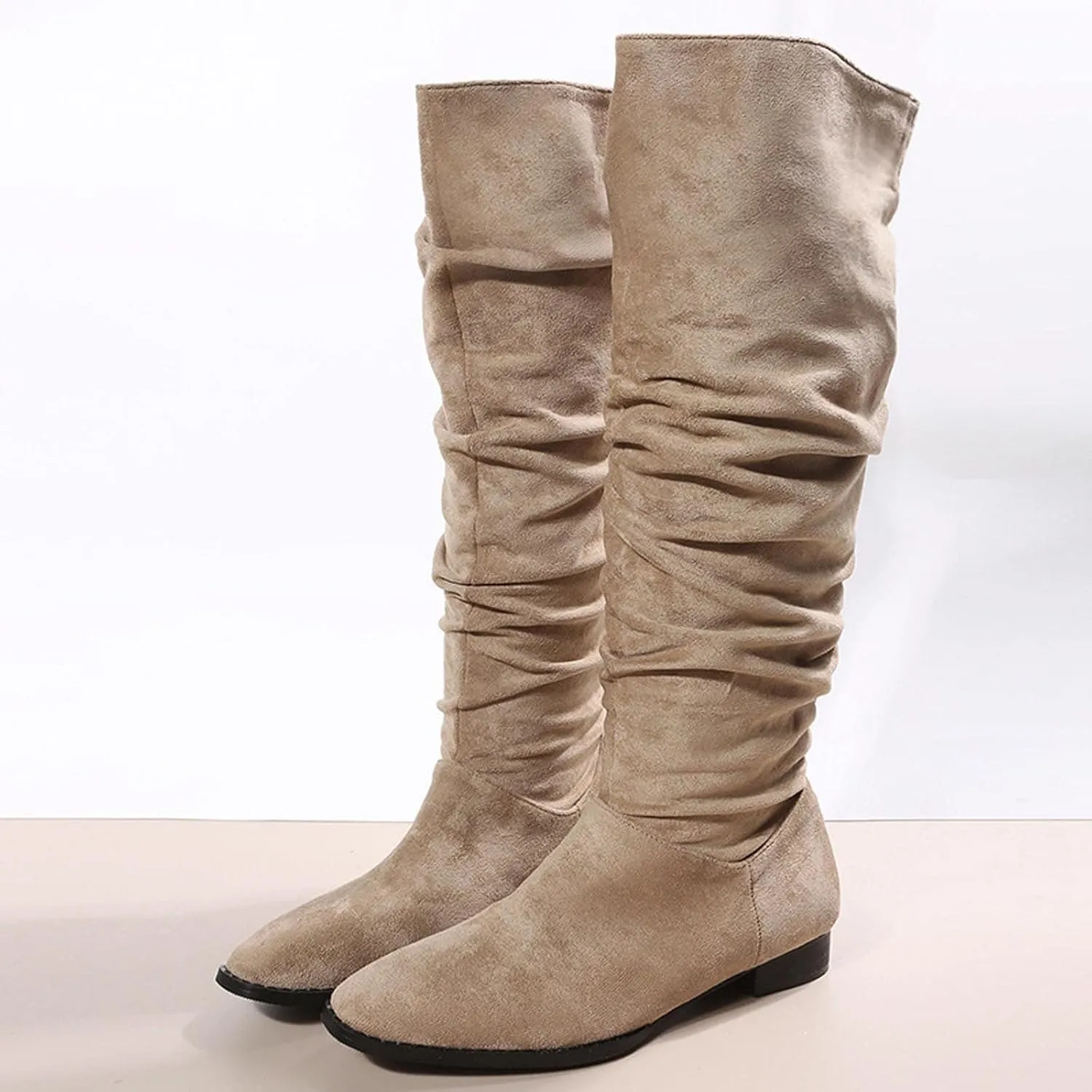 Boots for Women Knee High Low Heel Comfortable Dressy Pointed Toe Warm Pleated Slip on Block Chunky Heel Boots Winter Casual Outdoor Ladies Shoes