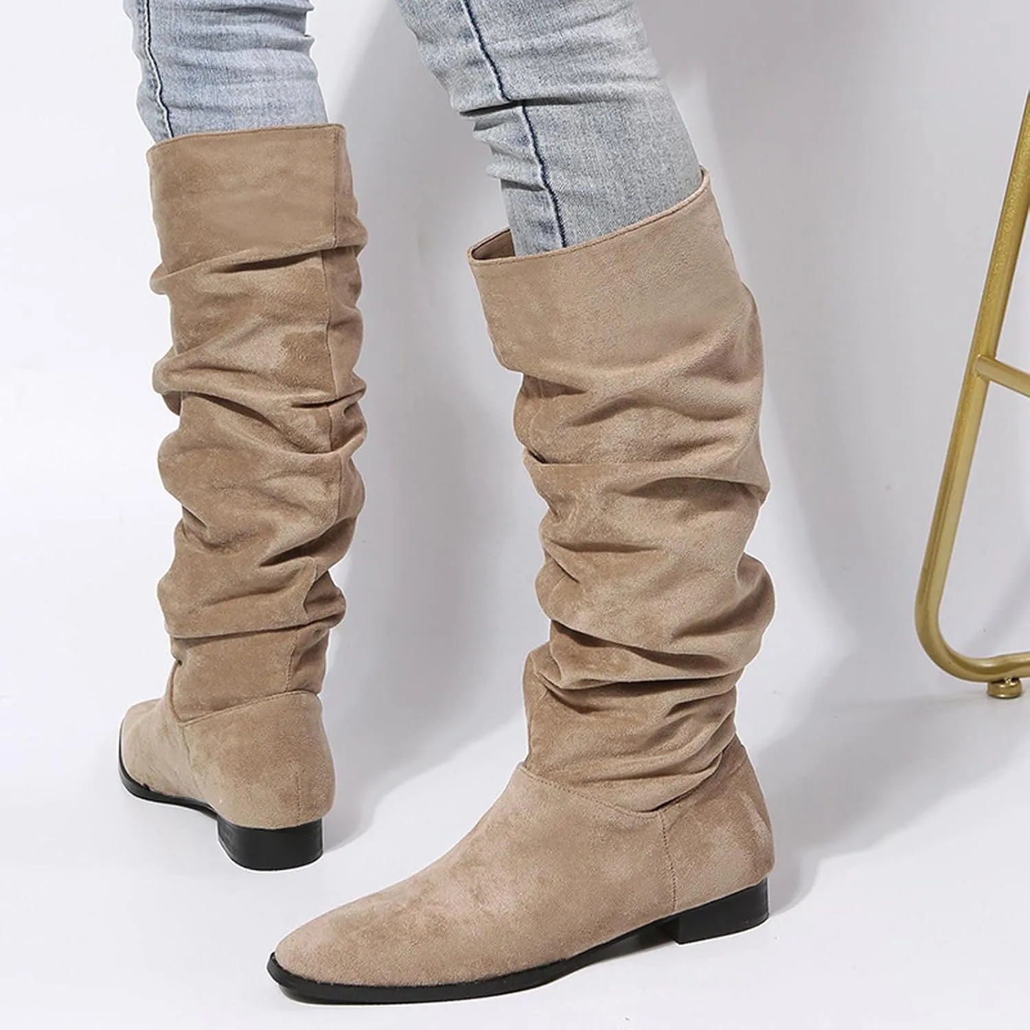 Boots for Women Knee High Low Heel Comfortable Dressy Pointed Toe Warm Pleated Slip on Block Chunky Heel Boots Winter Casual Outdoor Ladies Shoes