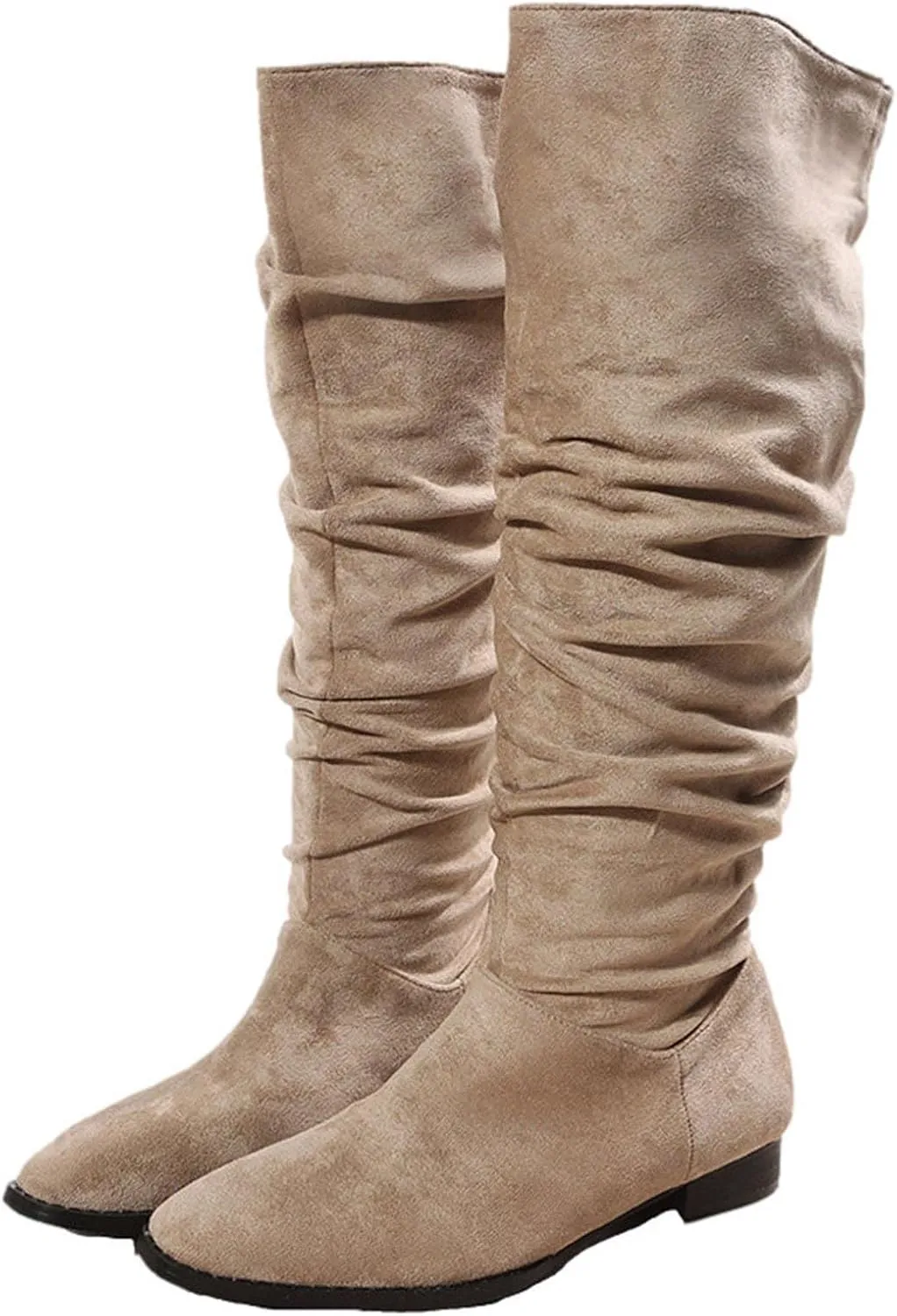Boots for Women Knee High Low Heel Comfortable Dressy Pointed Toe Warm Pleated Slip on Block Chunky Heel Boots Winter Casual Outdoor Ladies Shoes