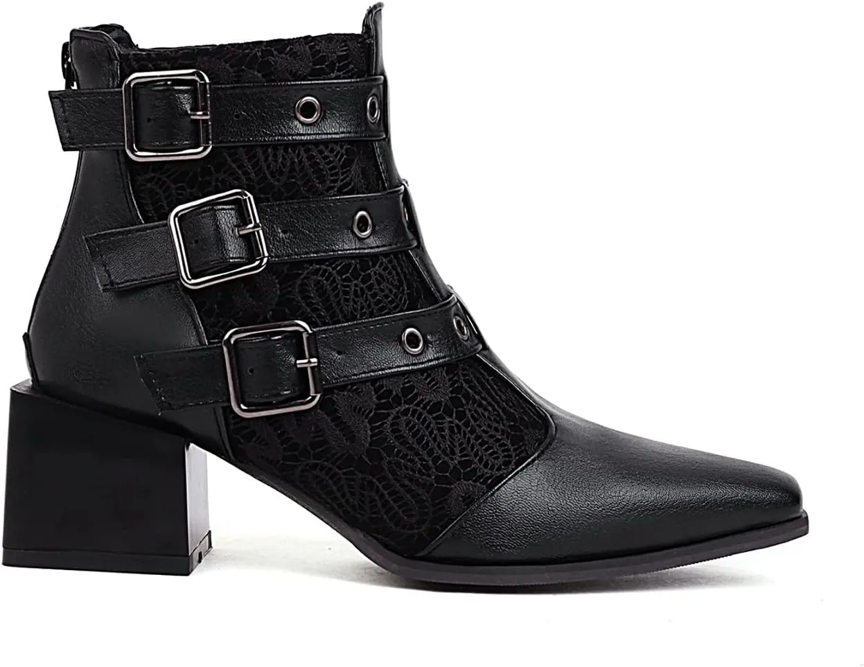 Colorblock Ankle Boots for Women - Fashion Pointed Toe Three Buckles Strap Back Zipper Chunky Mid Heel Motorcycle Boots Casual Ladies Shoes