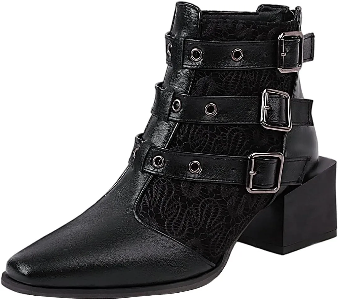 Colorblock Ankle Boots for Women - Fashion Pointed Toe Three Buckles Strap Back Zipper Chunky Mid Heel Motorcycle Boots Casual Ladies Shoes