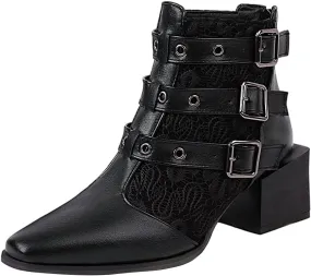 Colorblock Ankle Boots for Women - Fashion Pointed Toe Three Buckles Strap Back Zipper Chunky Mid Heel Motorcycle Boots Casual Ladies Shoes