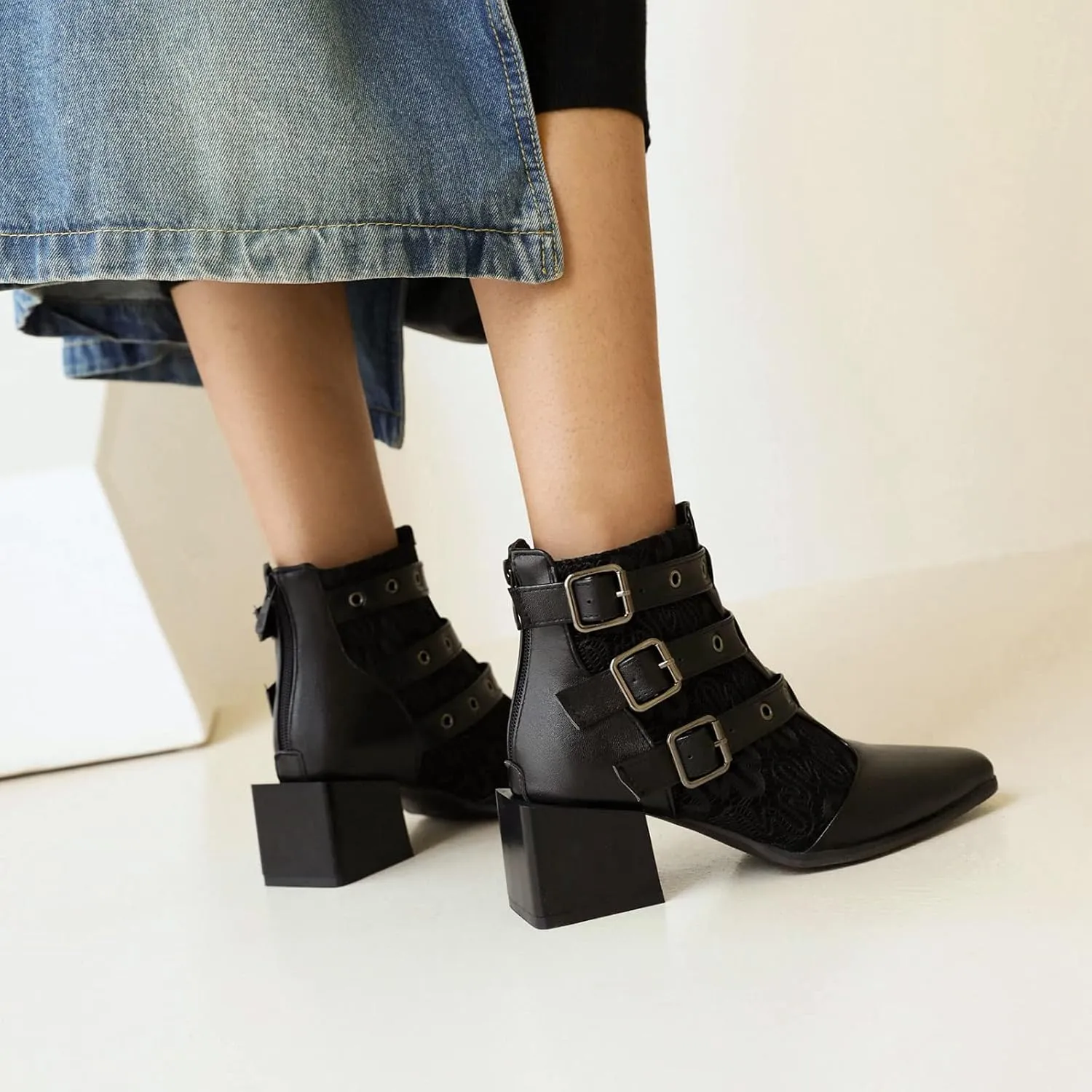 Colorblock Ankle Boots for Women - Fashion Pointed Toe Three Buckles Strap Back Zipper Chunky Mid Heel Motorcycle Boots Casual Ladies Shoes