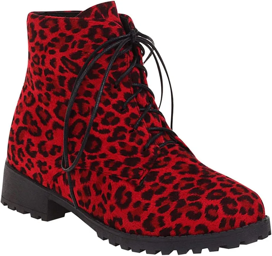 oiangi Ankle Boots for Women Low Heel Comfortable Leopard Lace Up Round Toe Square Heel Short Booties Lightweight Casual Trendy Non-slip Shoes