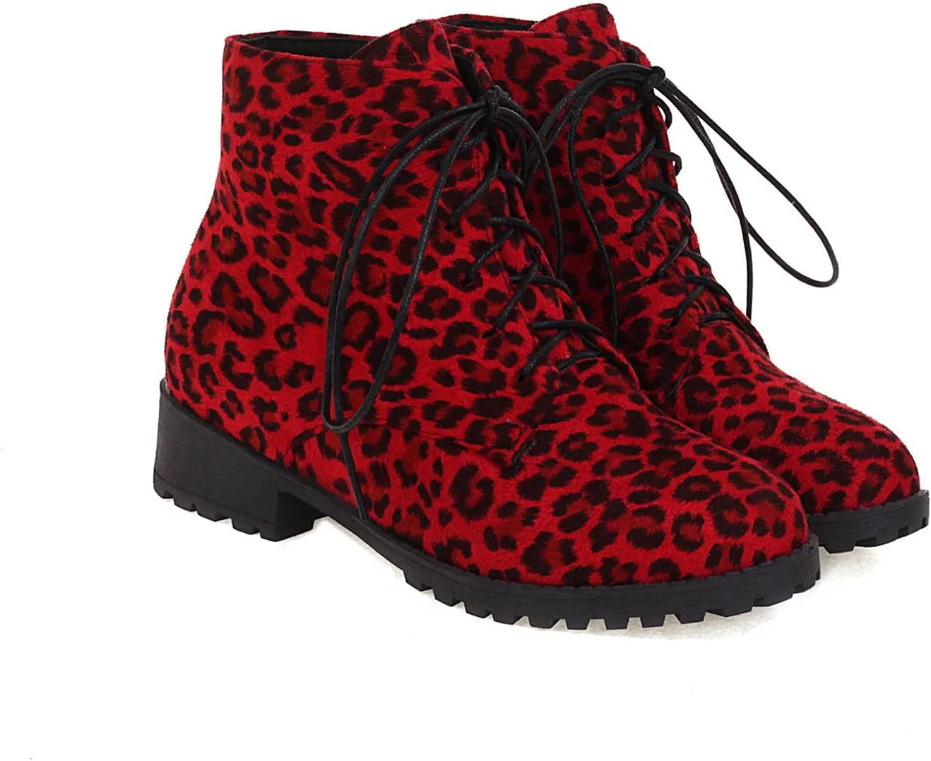 oiangi Ankle Boots for Women Low Heel Comfortable Leopard Lace Up Round Toe Square Heel Short Booties Lightweight Casual Trendy Non-slip Shoes