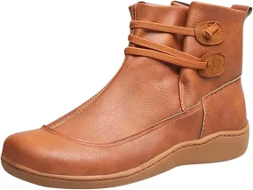 oiangi Boots for Women Ankle Booties Vintage Round Toe Elastic Band Flat Slip on Boots Fall Winter Solid Retro Comfortable Casual Outdoor Ladies Shoes