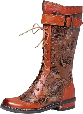 oiangi Lace up Boots for Women Fashion Round Toe Zipper Buckle Square Low Heels Outdoor Cool Motorcycle Mid Calf Boots Winter Vintage Print Casual Shoes