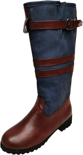 oiangi Vintage Boots for Women Low Heel - Retro Round Toe Buckle Strap Western Cowboy Chunky Heel Mid Calf Boots Casual Color Block Slip on Shoes