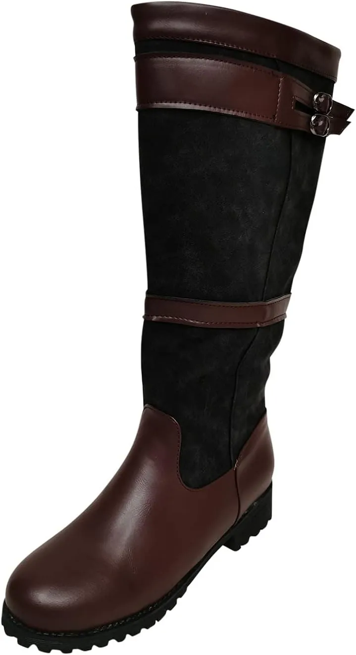 oiangi Western Cowboy Boots for Women Vintage Buckle Strap Round Toe Chunky Heel Slip-on Mid Calf Rain Boots Winter Comfortable Waterproof Casual Shoes