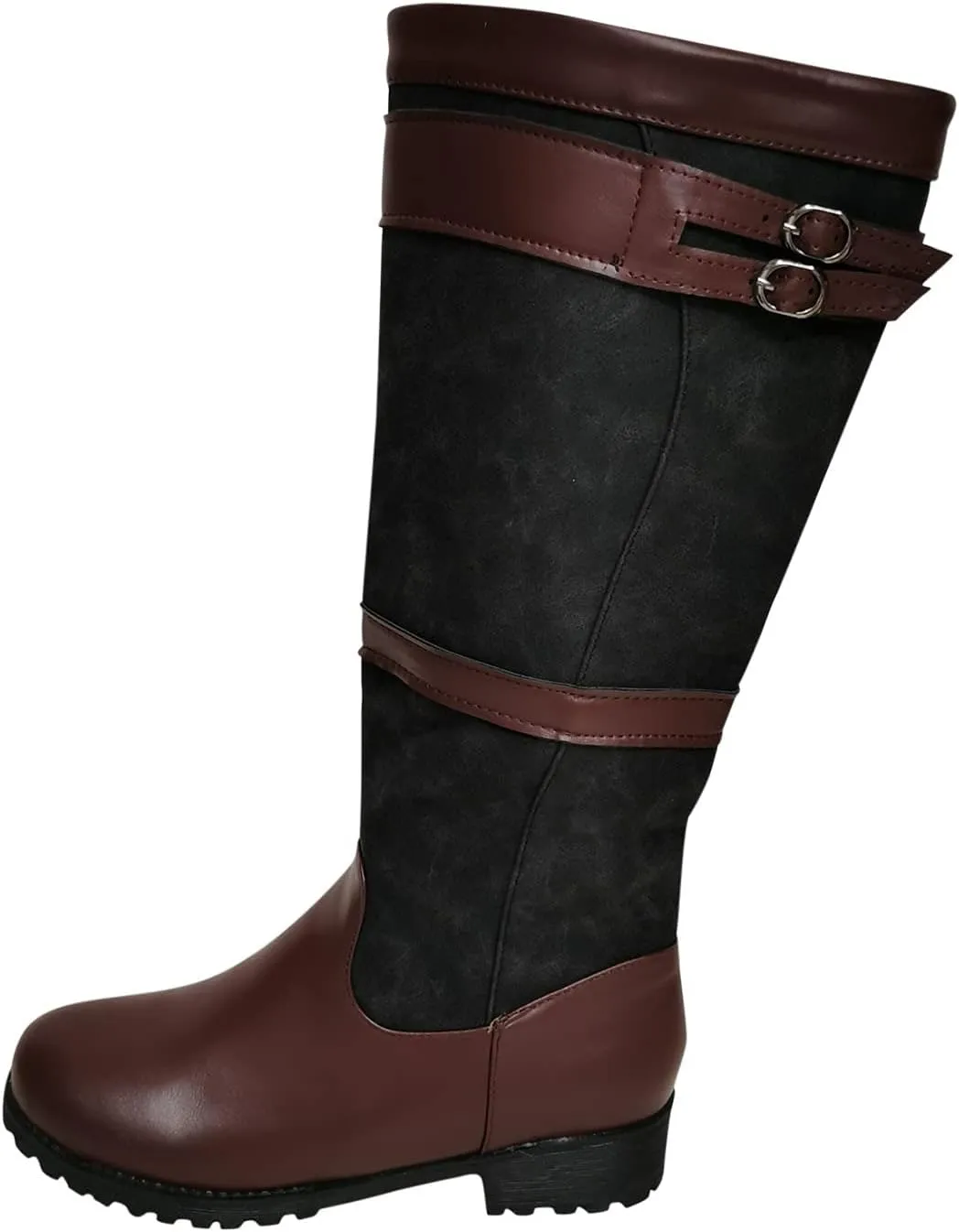 oiangi Western Cowboy Boots for Women Vintage Buckle Strap Round Toe Chunky Heel Slip-on Mid Calf Rain Boots Winter Comfortable Waterproof Casual Shoes