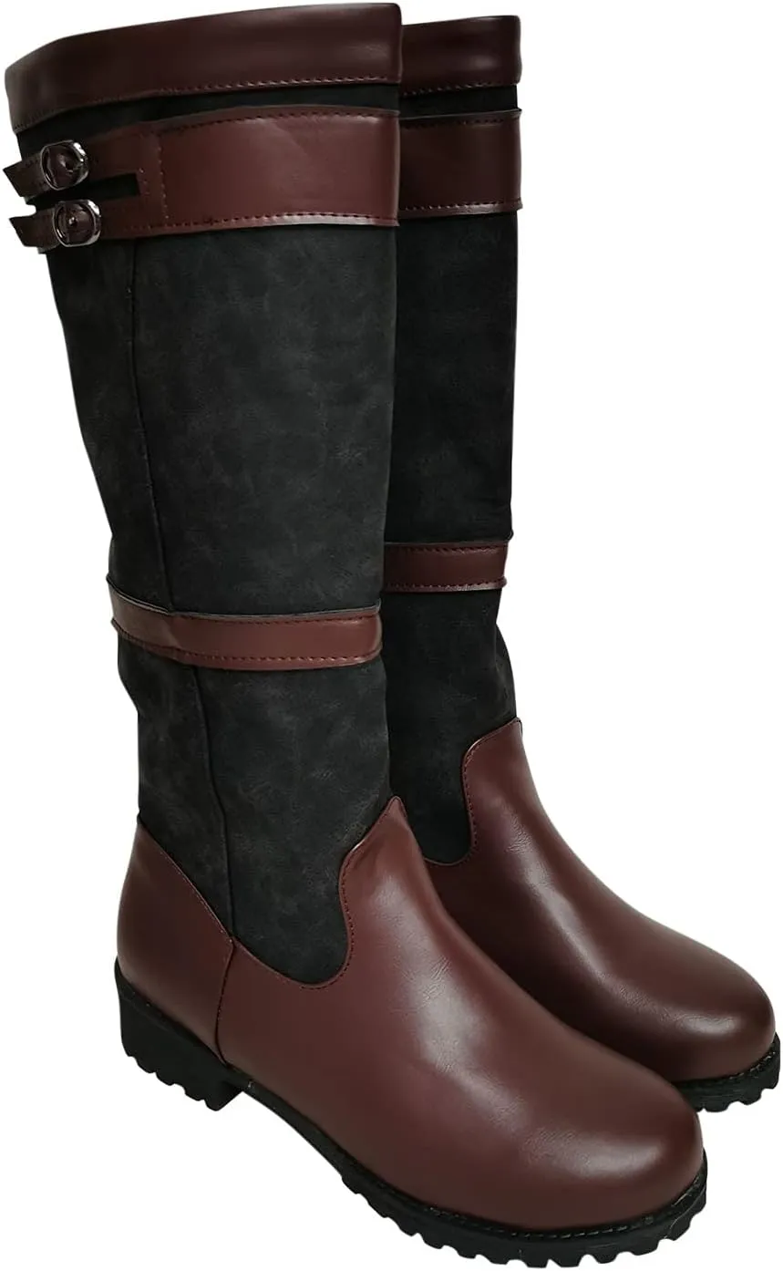 oiangi Western Cowboy Boots for Women Vintage Buckle Strap Round Toe Chunky Heel Slip-on Mid Calf Rain Boots Winter Comfortable Waterproof Casual Shoes