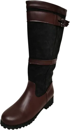 oiangi Western Cowboy Boots for Women Vintage Buckle Strap Round Toe Chunky Heel Slip-on Mid Calf Rain Boots Winter Comfortable Waterproof Casual Shoes