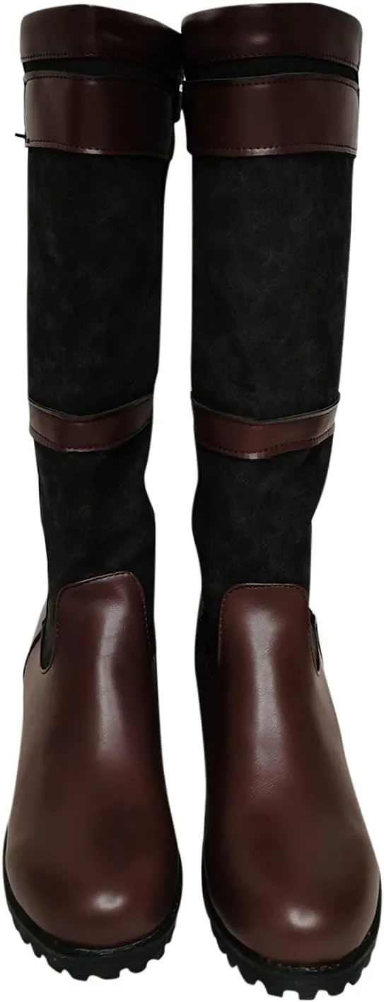 oiangi Western Cowboy Boots for Women Vintage Buckle Strap Round Toe Chunky Heel Slip-on Mid Calf Rain Boots Winter Comfortable Waterproof Casual Shoes