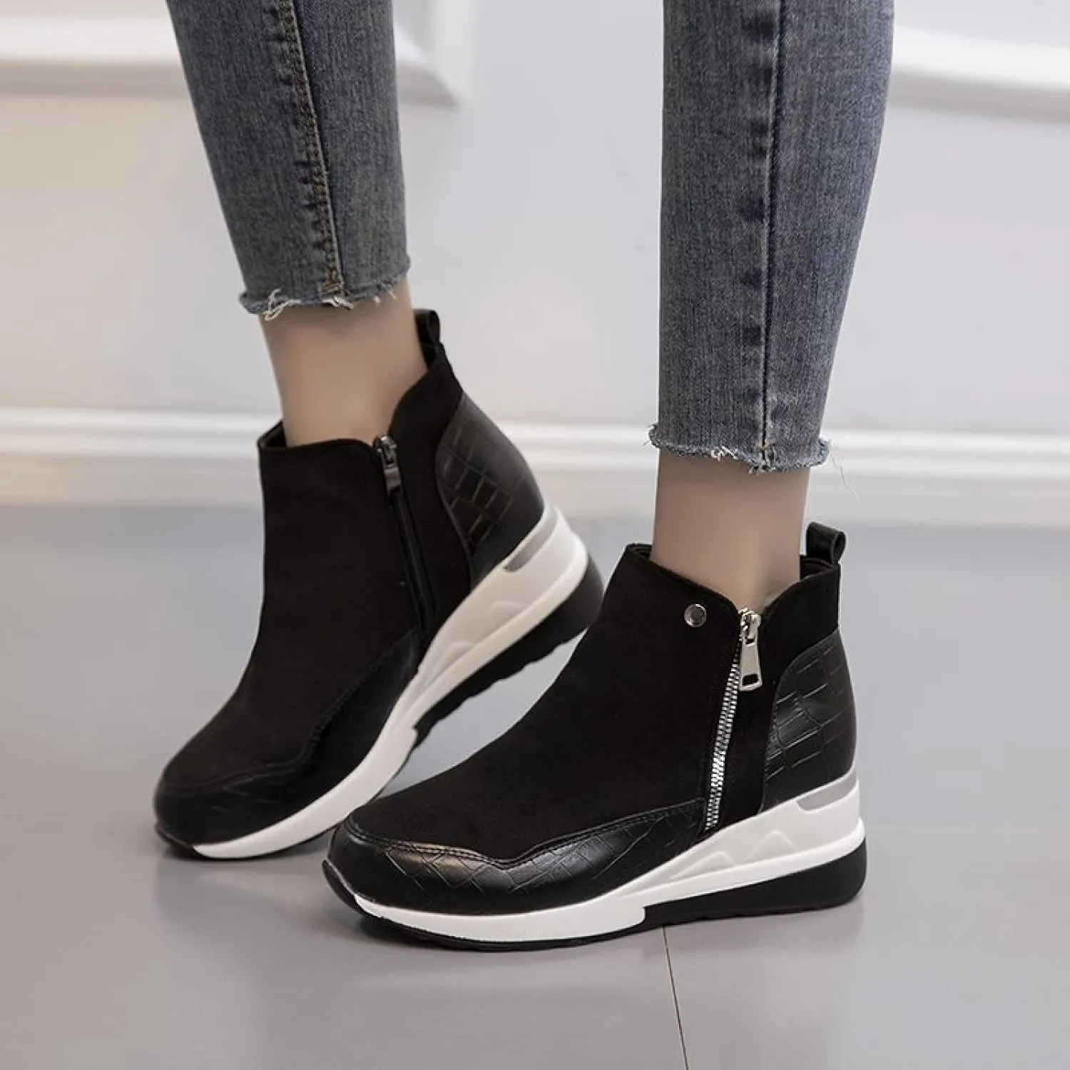 oiangi Womens Booties and Ankle Boots Fashion Round Side Zipper Platform Casual Wedges Sneakers Comfortable Lightweight Ladies Short Boots Shoes