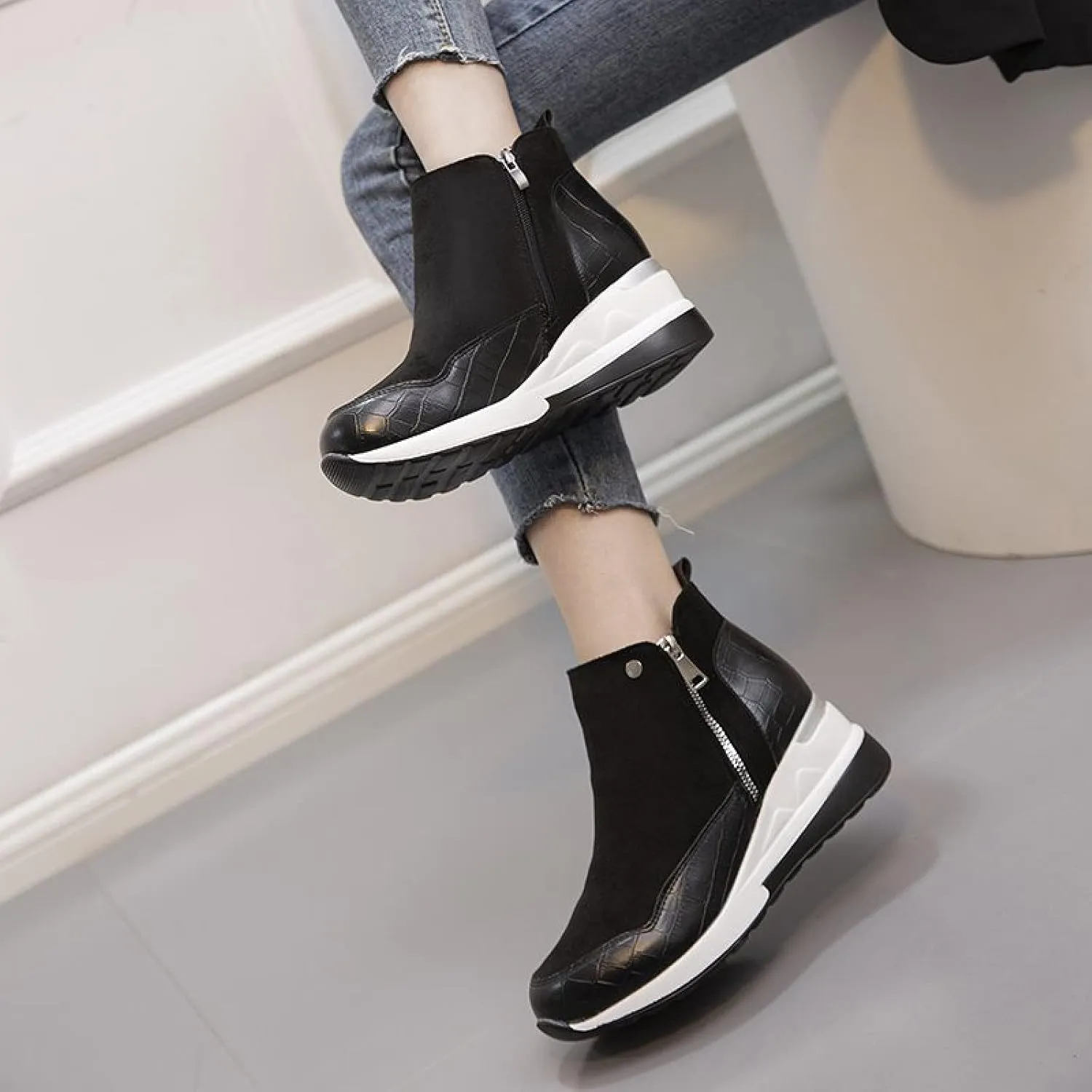 oiangi Womens Booties and Ankle Boots Fashion Round Side Zipper Platform Casual Wedges Sneakers Comfortable Lightweight Ladies Short Boots Shoes
