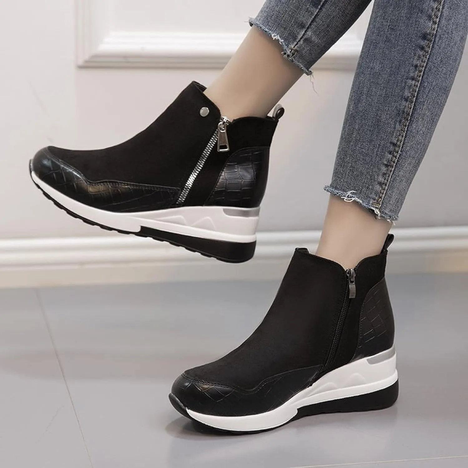 oiangi Womens Booties and Ankle Boots Fashion Round Side Zipper Platform Casual Wedges Sneakers Comfortable Lightweight Ladies Short Boots Shoes