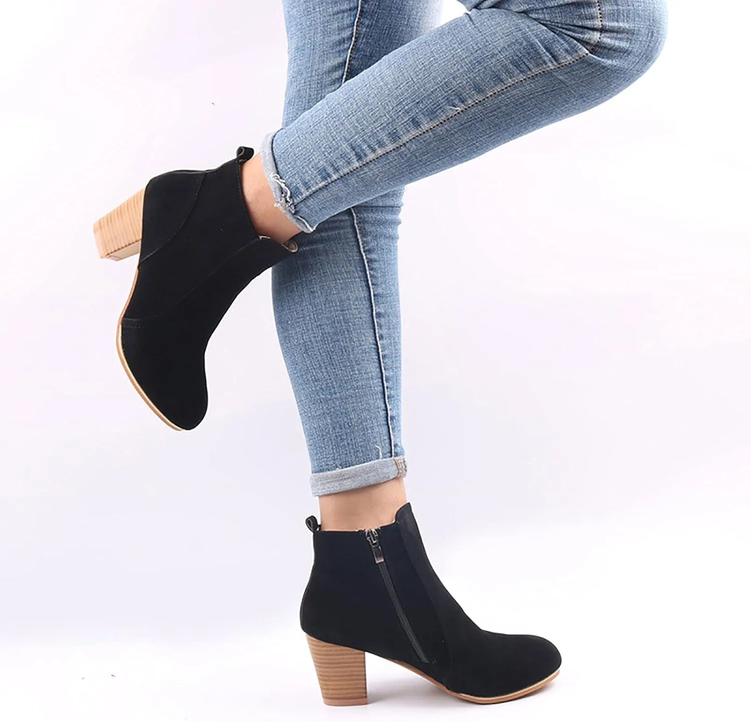 oiangi Womens Chunky Heel Snow Boots Fashion Buckle Strap Solid Color Round Toe Side Zipper Square Heel Short Boot Comfortable Keep Warm Casual Shoes