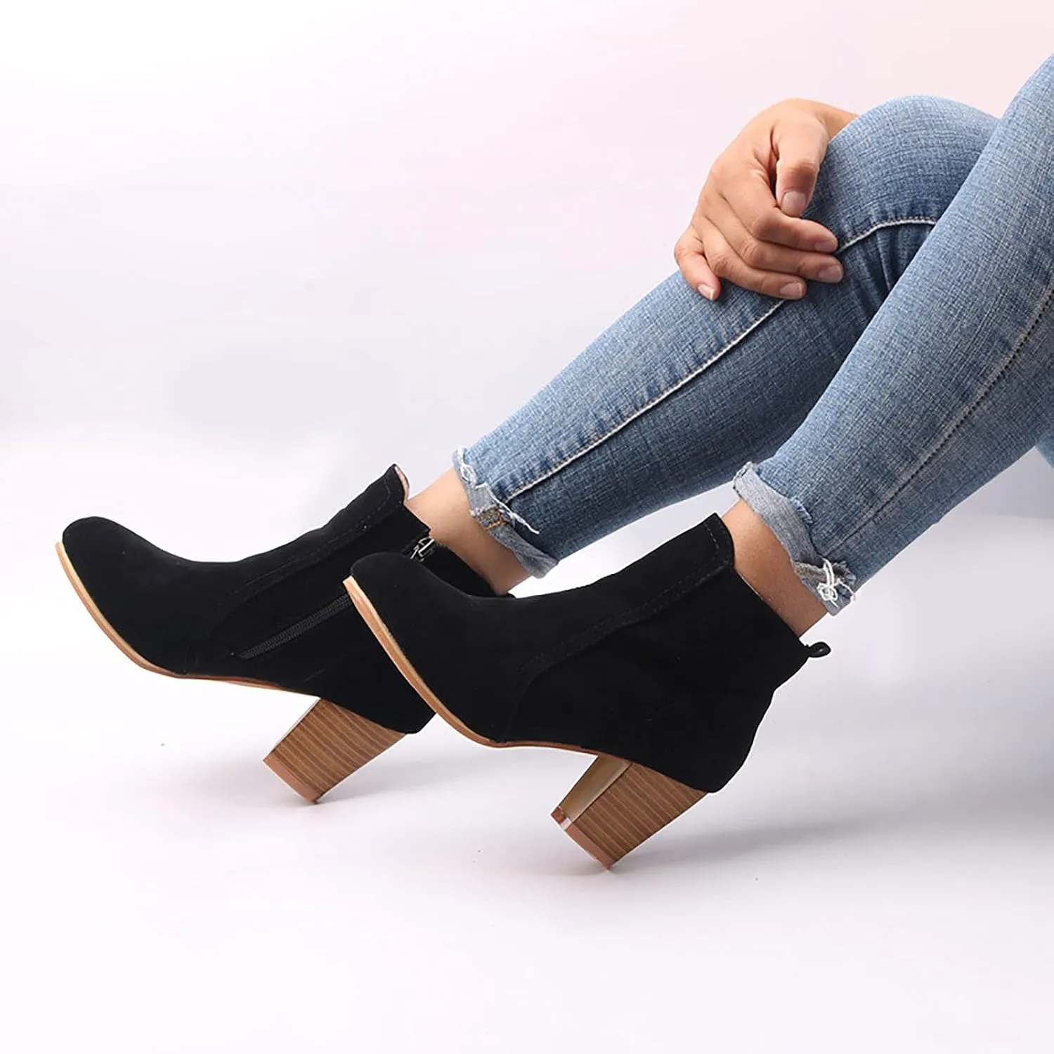 oiangi Womens Chunky Heel Snow Boots Fashion Buckle Strap Solid Color Round Toe Side Zipper Square Heel Short Boot Comfortable Keep Warm Casual Shoes