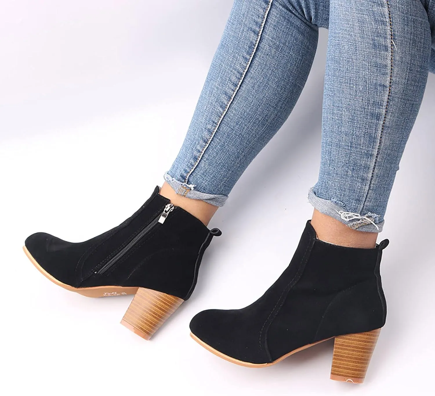 oiangi Womens Chunky Heel Snow Boots Fashion Buckle Strap Solid Color Round Toe Side Zipper Square Heel Short Boot Comfortable Keep Warm Casual Shoes