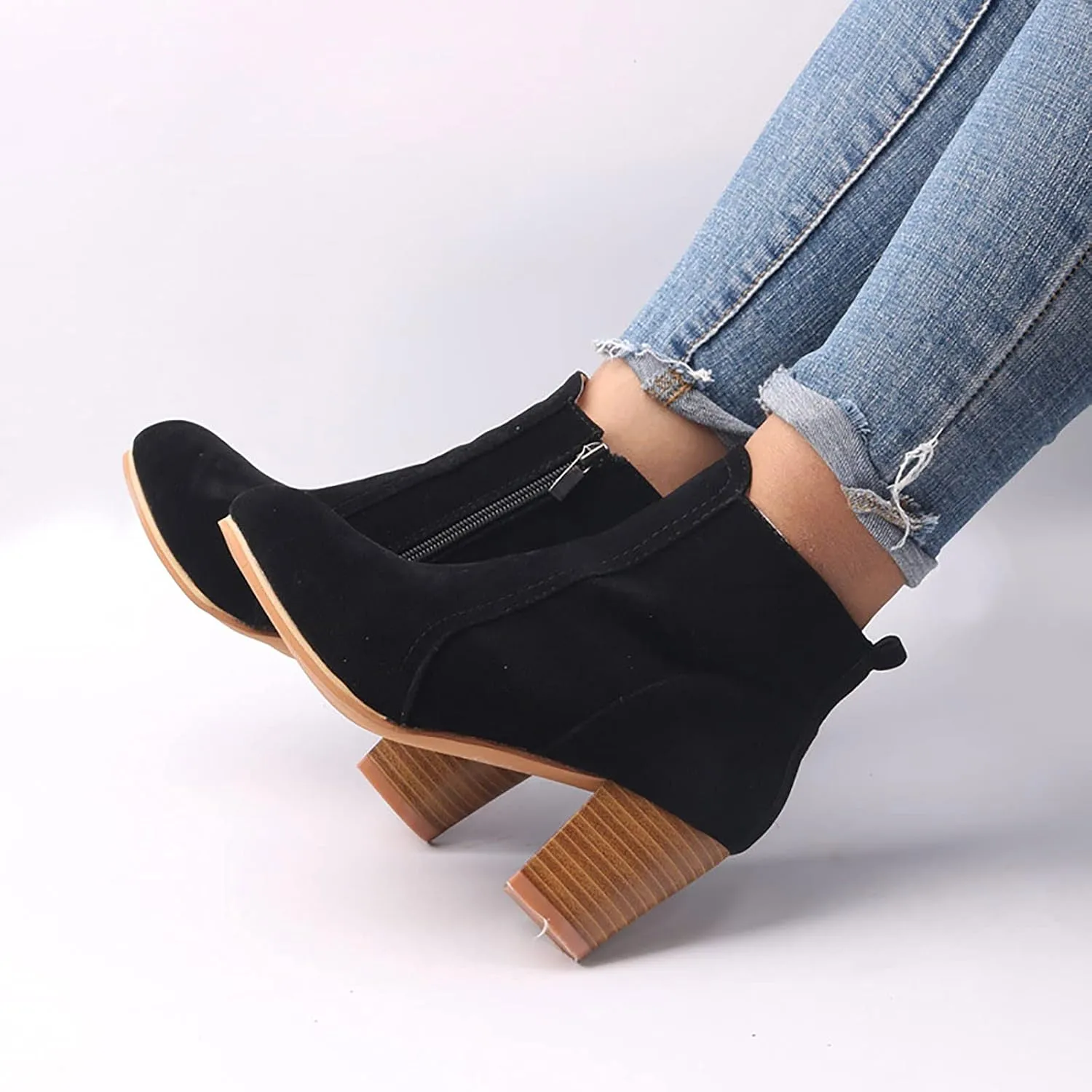 oiangi Womens Chunky Heel Snow Boots Fashion Buckle Strap Solid Color Round Toe Side Zipper Square Heel Short Boot Comfortable Keep Warm Casual Shoes