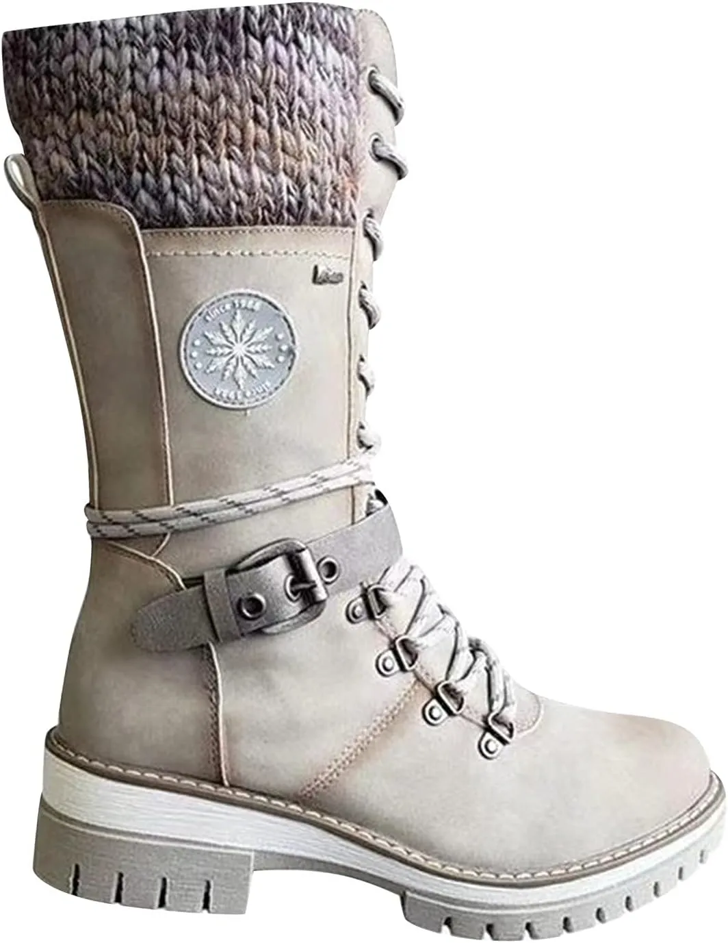 oiangi Women's Cowboy Mid Calf Boots Fashion Round Toe Cross Strap Buckle Lace Up Chunky Heel Riding Boots Comfy Warm Knee Low Heels Western Boots Shoes