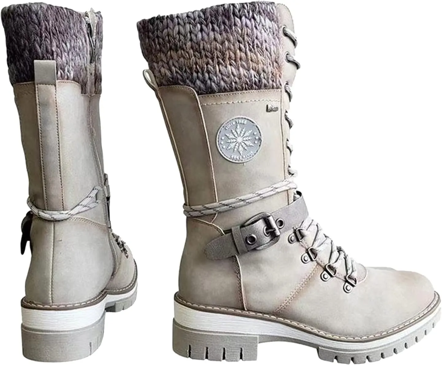 oiangi Women's Cowboy Mid Calf Boots Fashion Round Toe Cross Strap Buckle Lace Up Chunky Heel Riding Boots Comfy Warm Knee Low Heels Western Boots Shoes