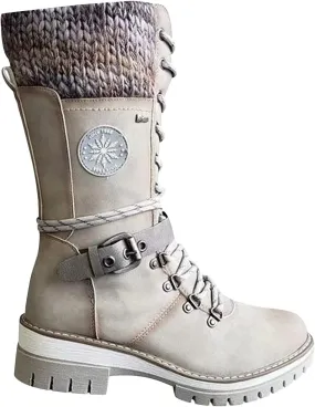 oiangi Women's Cowboy Mid Calf Boots Fashion Round Toe Cross Strap Buckle Lace Up Chunky Heel Riding Boots Comfy Warm Knee Low Heels Western Boots Shoes