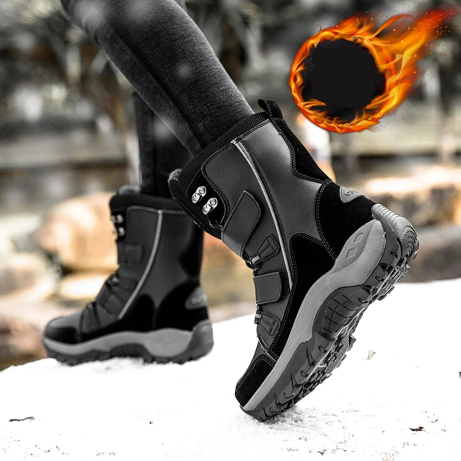 oiangi Women's Mid-Calf Platform Snow Boots Winter Fashion Round Toe Magic Buckle Thick Plush Strap Long Boots Comfortable Plus Velvet Outdoor Shoes