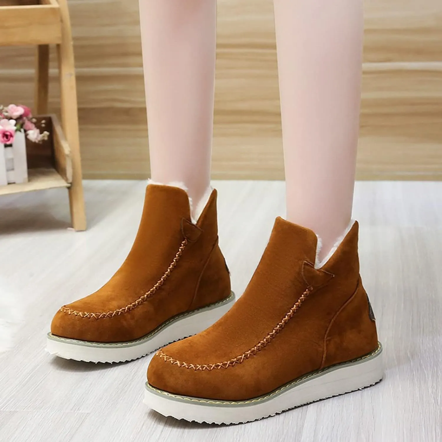 Platform Snow Boots for Women 2022 Winter Fashion Round Toe Plush Warm Slip on Flat Ankle Booties Solid Casual Comfortable Outdoor Ladies Shoes