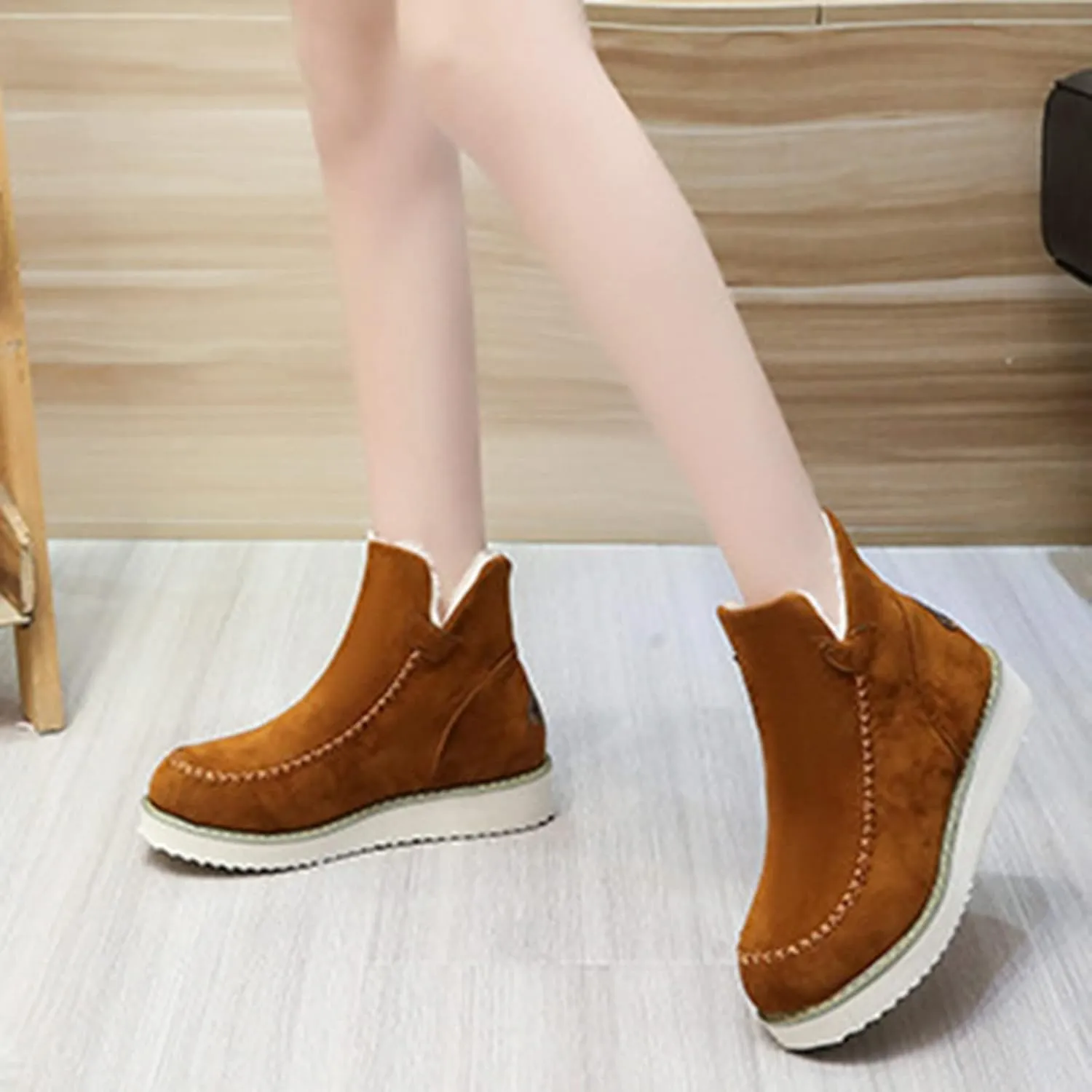 Platform Snow Boots for Women 2022 Winter Fashion Round Toe Plush Warm Slip on Flat Ankle Booties Solid Casual Comfortable Outdoor Ladies Shoes