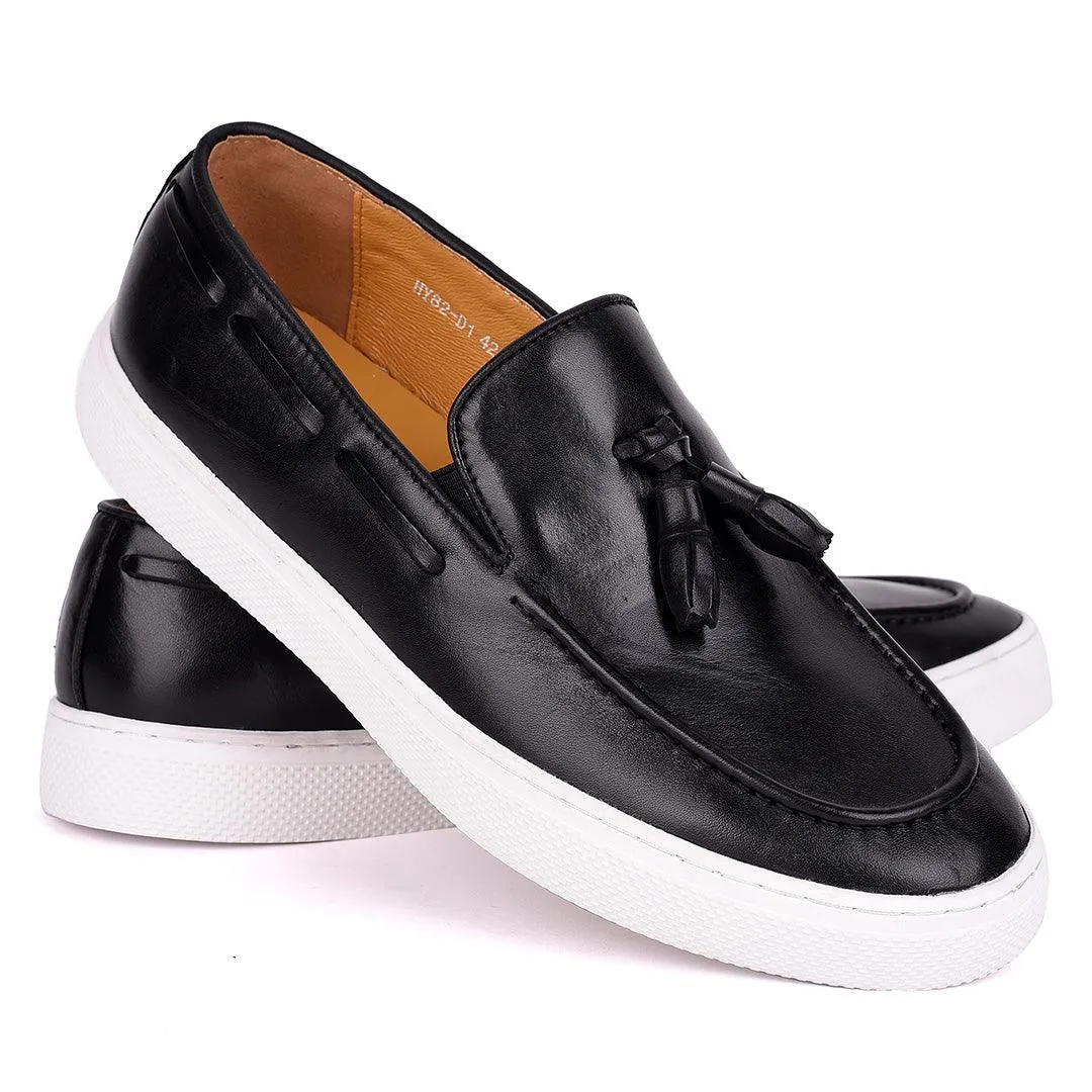 Terry Taylors Tassel With Side Lace Designed Black Leather Sneaker Shoe