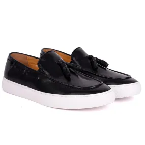 Terry Taylors Tassel With Side Lace Designed Black Leather Sneaker Shoe