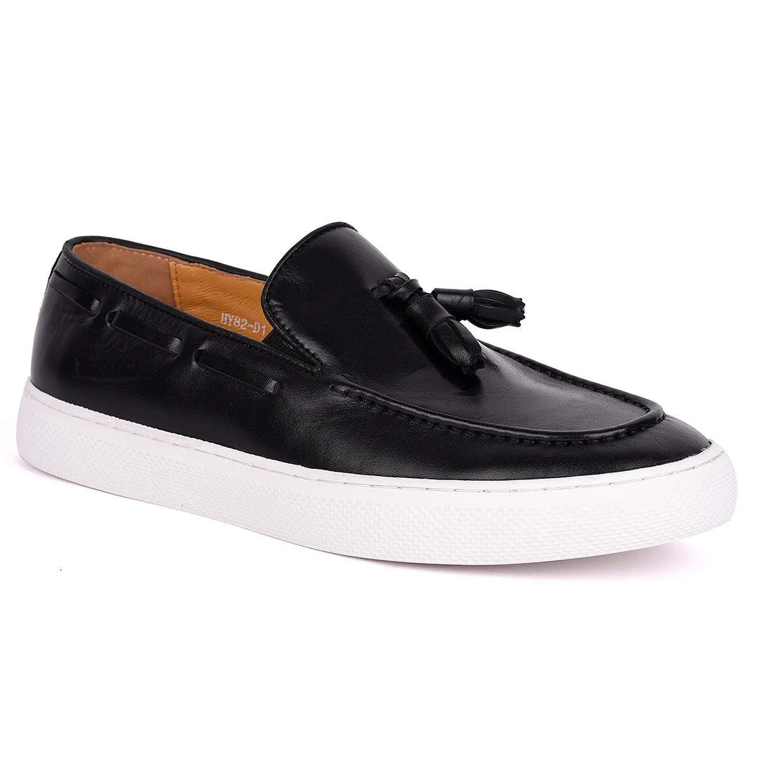 Terry Taylors Tassel With Side Lace Designed Black Leather Sneaker Shoe