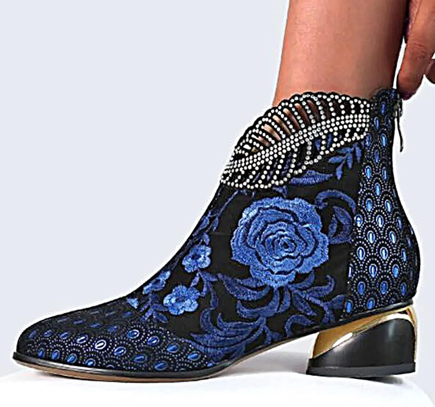 Womens Flower Embroidery Ankle Boots Fashion Rhinestone Pointed Back Zipper Mid Heel Short Booties Casual Trendy Ladies Thick Heel Shoes
