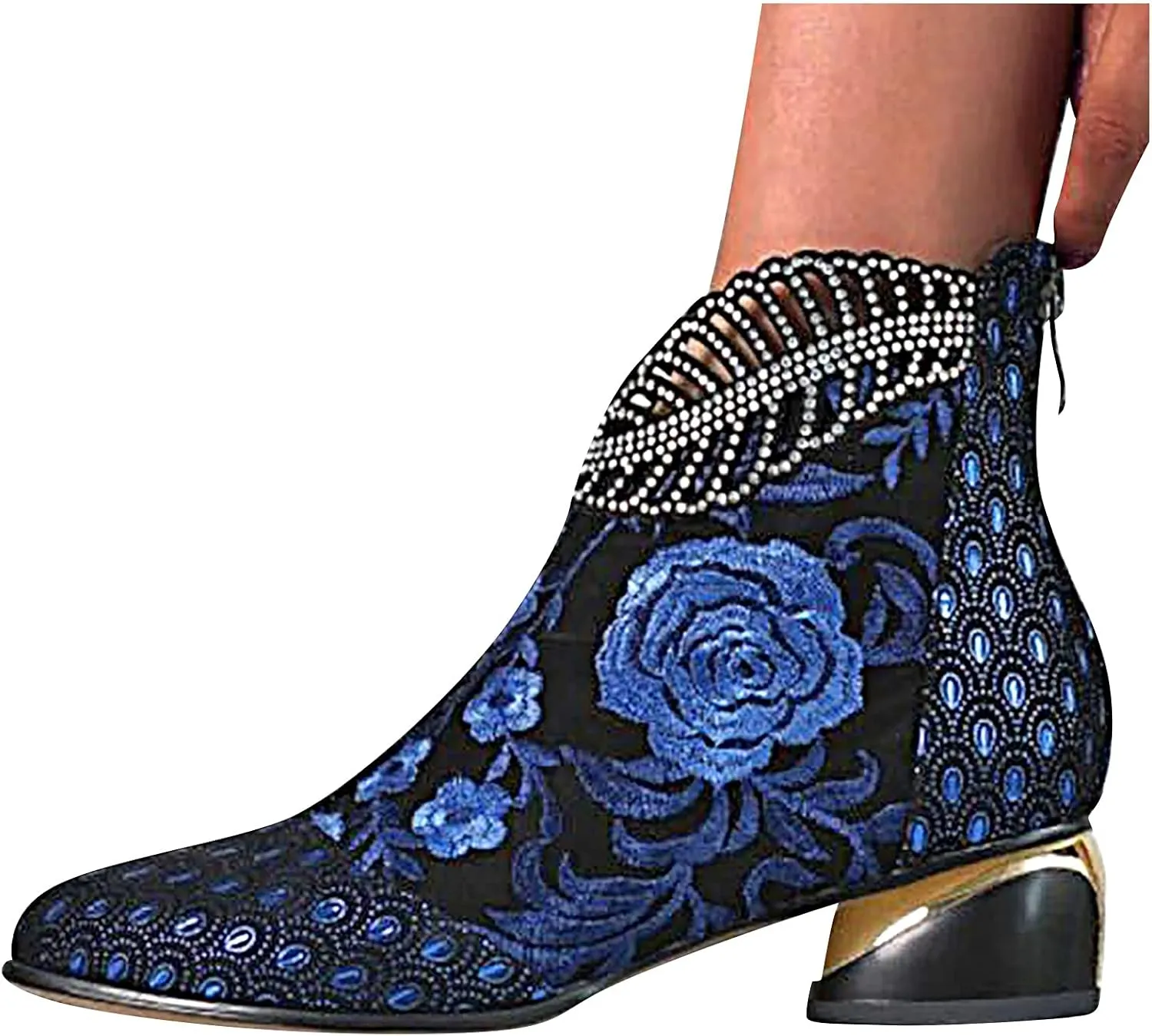 Womens Flower Embroidery Ankle Boots Fashion Rhinestone Pointed Back Zipper Mid Heel Short Booties Casual Trendy Ladies Thick Heel Shoes