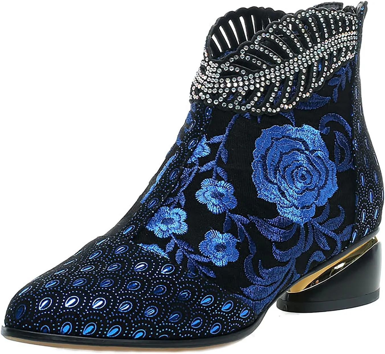 Womens Flower Embroidery Ankle Boots Fashion Rhinestone Pointed Back Zipper Mid Heel Short Booties Casual Trendy Ladies Thick Heel Shoes
