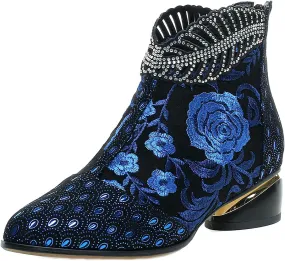 Womens Flower Embroidery Ankle Boots Fashion Rhinestone Pointed Back Zipper Mid Heel Short Booties Casual Trendy Ladies Thick Heel Shoes