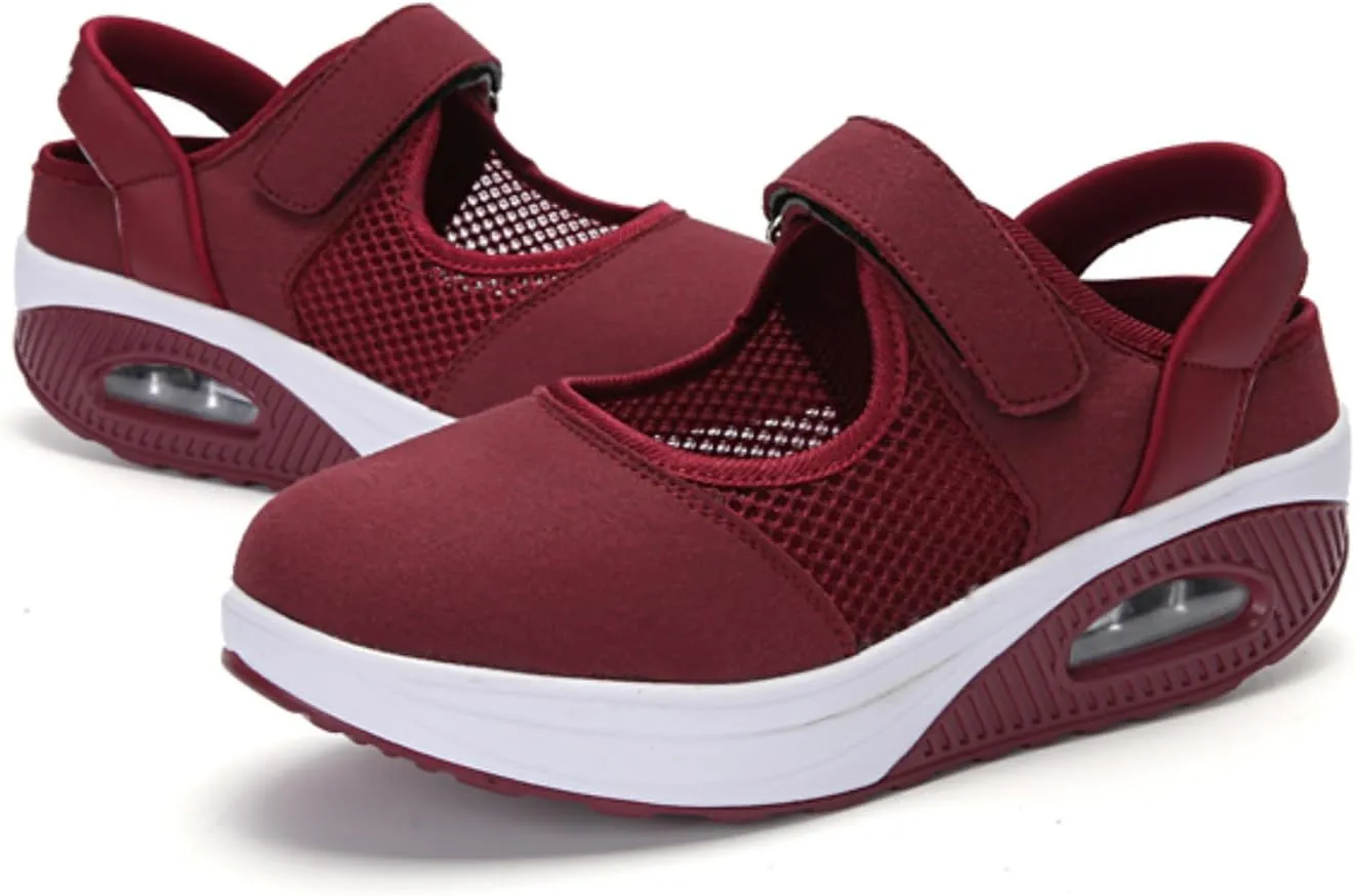 Women's Mesh Breathable Nurse Shoes Comfortable Non-Slip Round Head Air Cushion Platform Adjustable Hook and Loop Buffer Fitness Lightweight WalkingShoes Sneaker