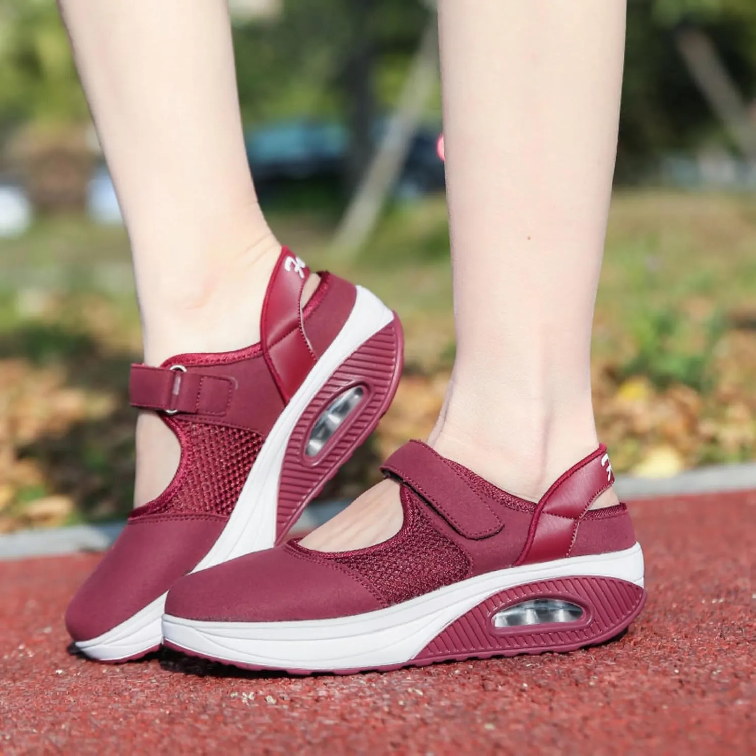 Women's Mesh Breathable Nurse Shoes Comfortable Non-Slip Round Head Air Cushion Platform Adjustable Hook and Loop Buffer Fitness Lightweight WalkingShoes Sneaker