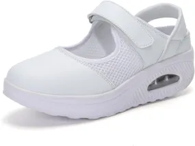 Women's Mesh Breathable Nurse Shoes Comfortable Non-Slip Round Head Air Cushion Platform Adjustable Hook and Loop Buffer Fitness Lightweight WalkingShoes Sneaker