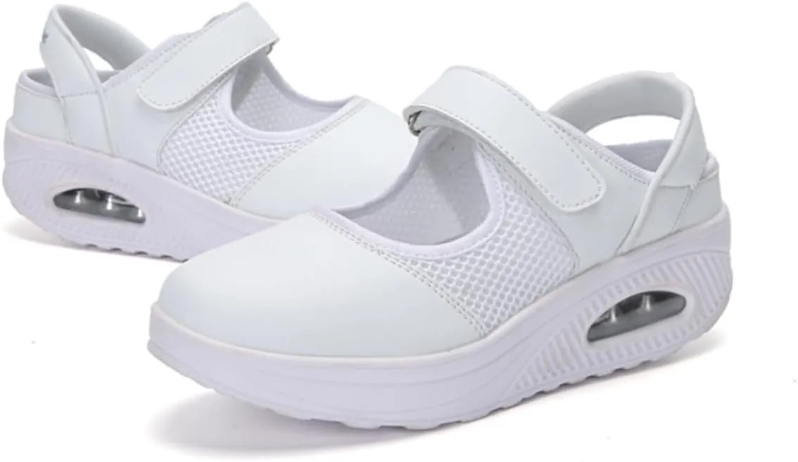 Women's Mesh Breathable Nurse Shoes Comfortable Non-Slip Round Head Air Cushion Platform Adjustable Hook and Loop Buffer Fitness Lightweight WalkingShoes Sneaker