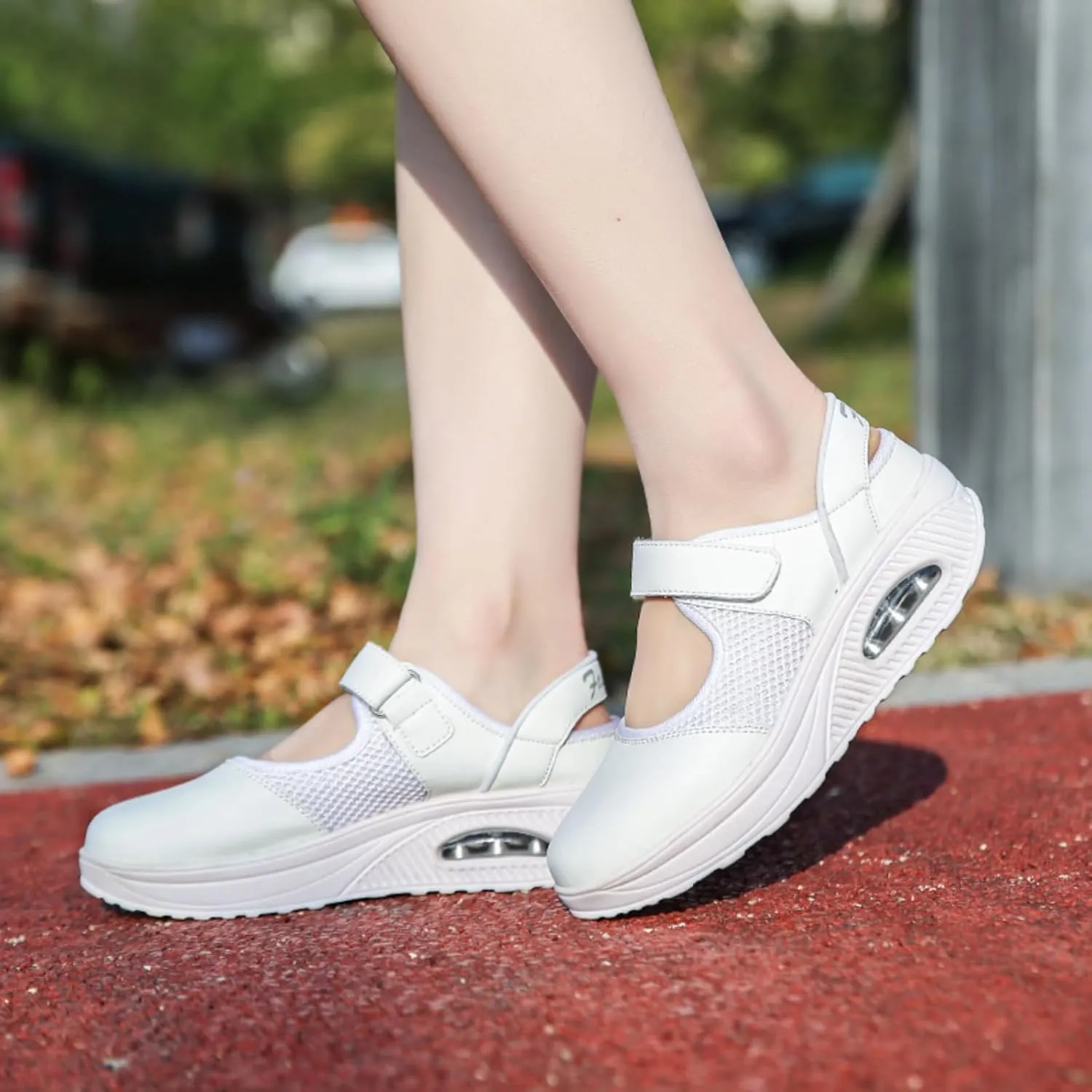 Women's Mesh Breathable Nurse Shoes Comfortable Non-Slip Round Head Air Cushion Platform Adjustable Hook and Loop Buffer Fitness Lightweight WalkingShoes Sneaker