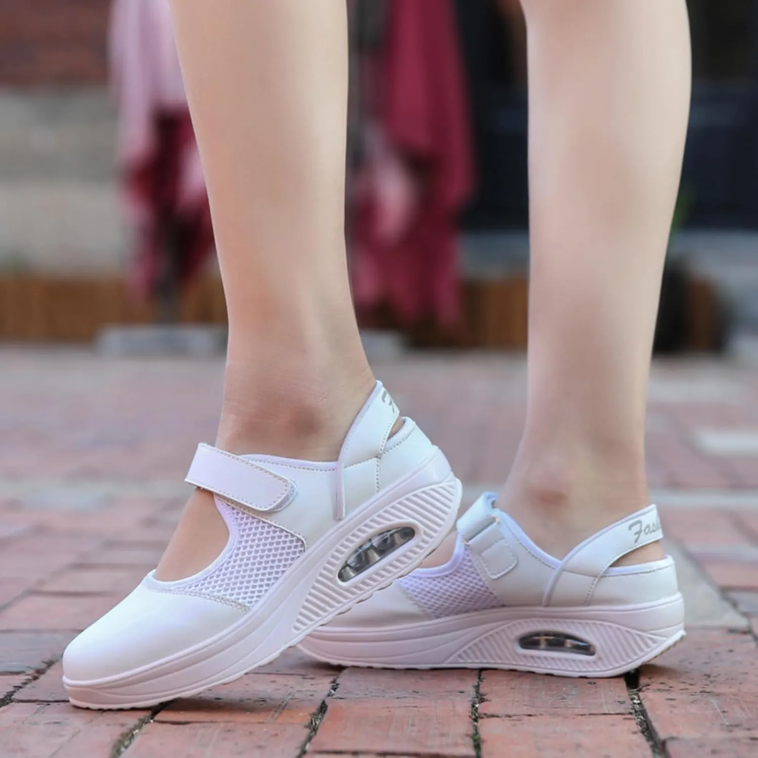 Women's Mesh Breathable Nurse Shoes Comfortable Non-Slip Round Head Air Cushion Platform Adjustable Hook and Loop Buffer Fitness Lightweight WalkingShoes Sneaker